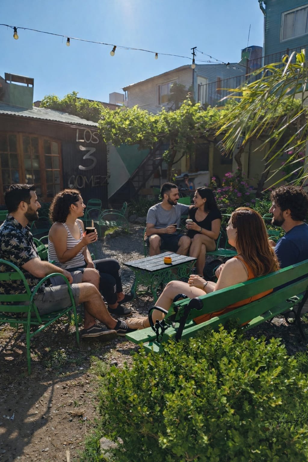 Huéspedes compartiendo en el jardín del hostel